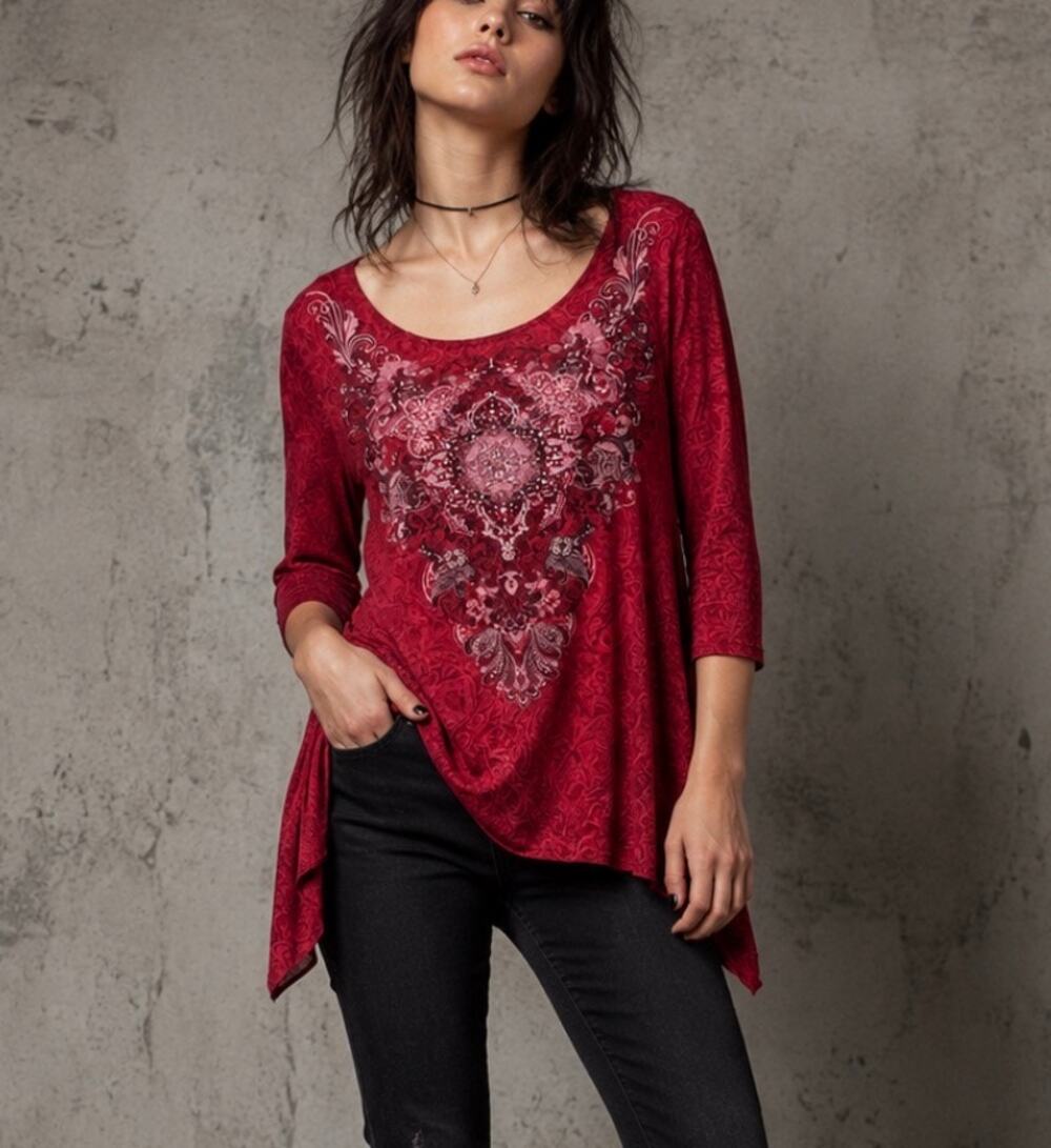 Vintage Dress Barn graphic Sharkbite Hem Y2K Top festival grunge biker red S